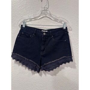 Free People Dark Denim Crochet Lace Trim Shorts Size 27 Boho Raw Hem Cutoffs